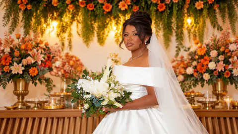 Noiva com buquê branco diante da decoração floral do casamento